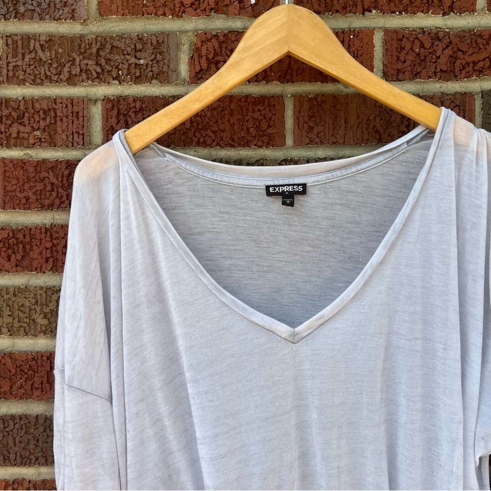 Express Gray White V Neck Long Sleeve Transparent Light Knit High Low Top - Picture 2 of 5